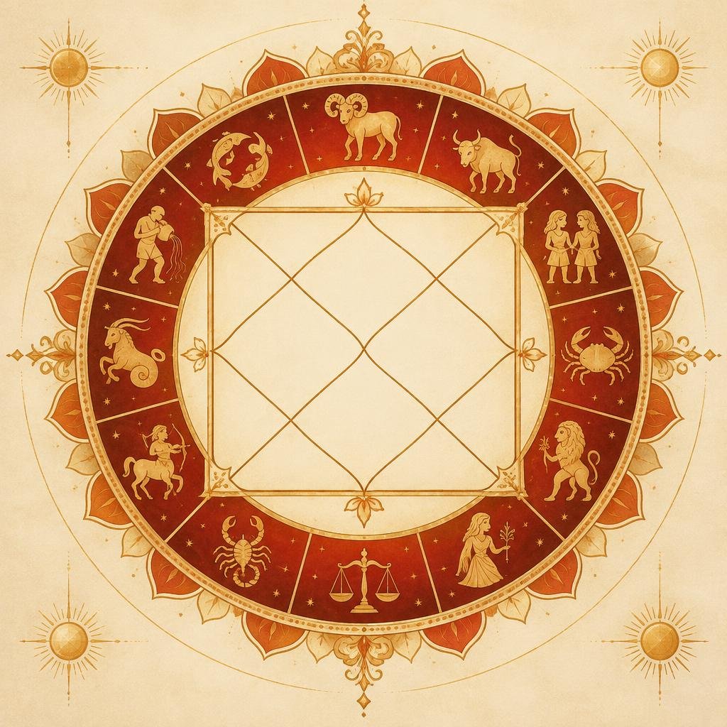 Vedic kundli chart within a zodiac mandala wheel